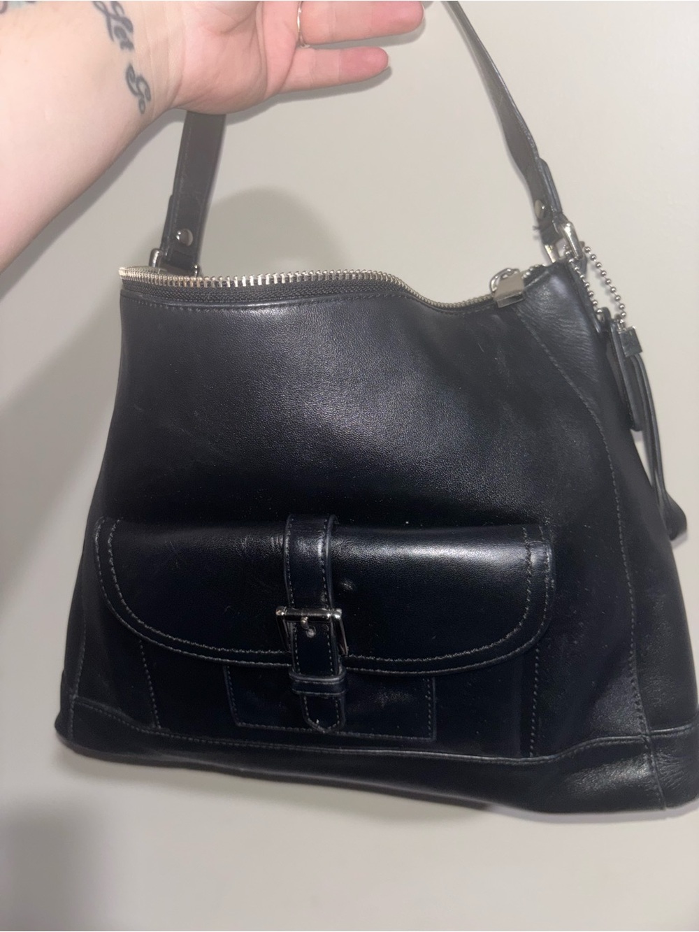 Coach Black Leather Shoulder Bag with Front Buckle Pocket